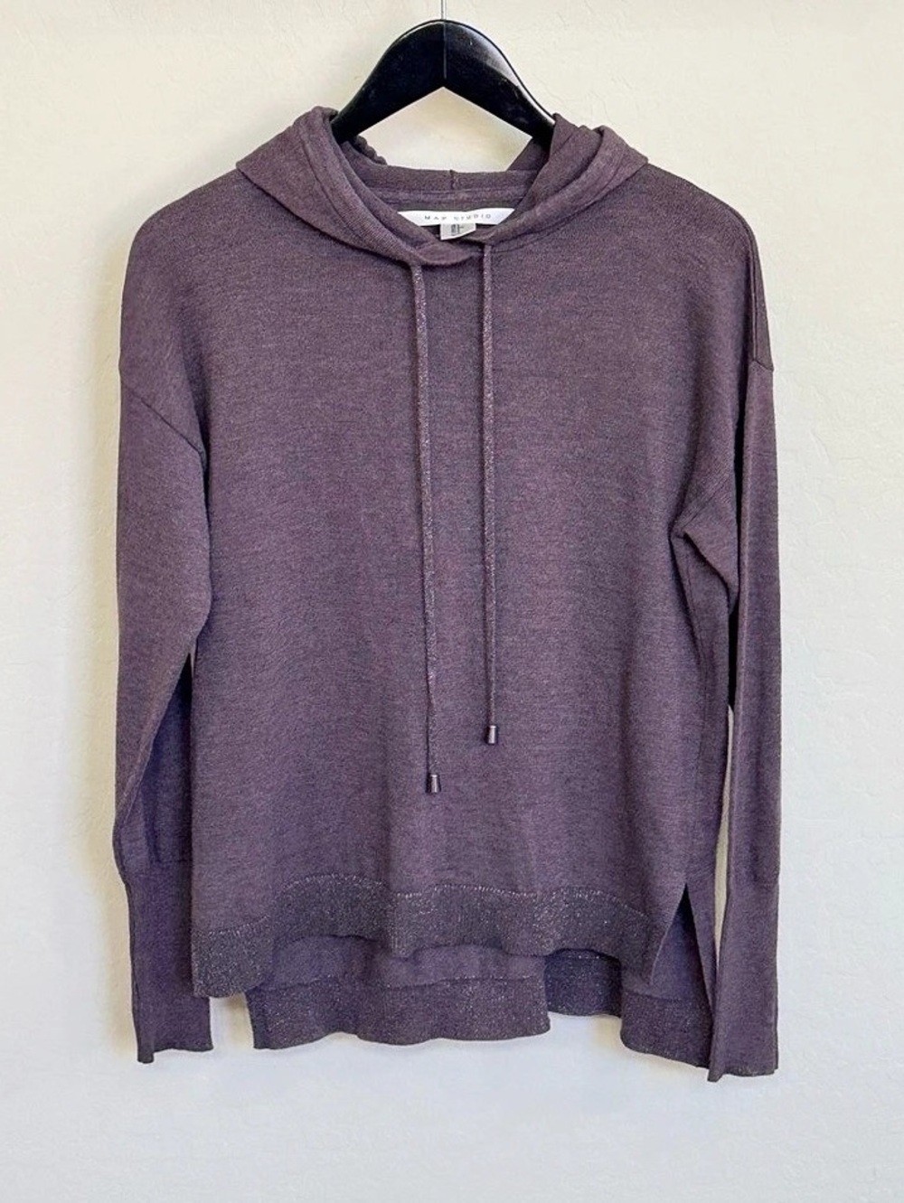 Max Studio Mauve Purple Knit Pullover Hoodie Shimmer Trim Size S Fall Loungewear